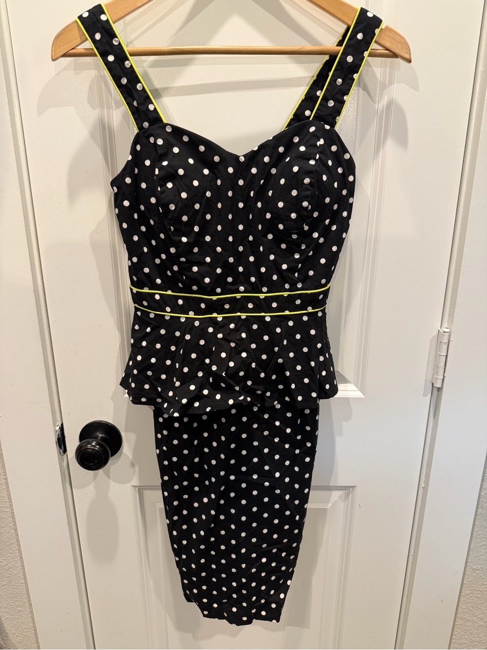 Cato Black Polka Dot Dress with Neon Yellow Trim